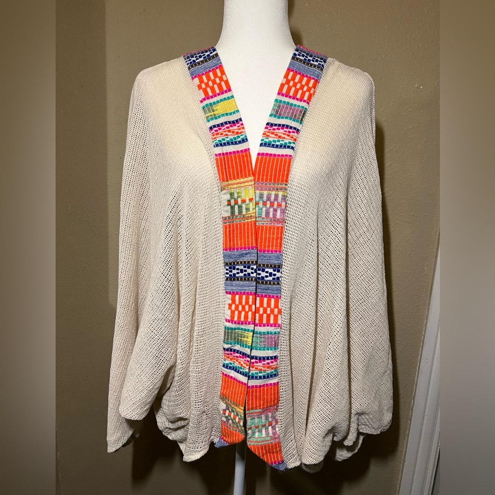 Free People Bonita Beige Crochet Oversized Kimono Cardigan Embroidered
